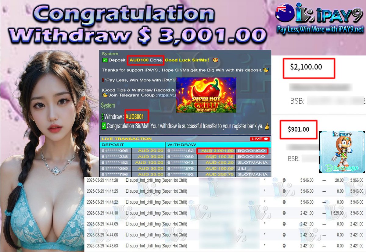 🇦🇺🎖𝐢𝗣𝗔𝗬𝟵 𝗖𝘂𝘀𝘁𝗼𝗺𝗲𝗿 𝗪𝗶𝘁𝗵𝗱𝗿𝗮𝘄 🎖🇦🇺

💰Customer Deposit - AUD 100.00
💰Customer Withdraw -AUD 3,001.00
💻Platform - BNG-BOOONGO
🎮Game - SUPER HOT CHILLI

"Pay Less, Win More with iPAY9.net"  REGISTER LINK ipay9aud.com/RFIPAY9TWITTER
