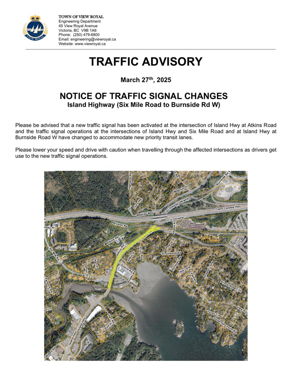 ViewRoyalBC's tweet image. TRAFFIC ADVISORY
NOTICE OF TRAFFIC SIGNAL CHANGES
Island Highway (Six Mile Road to Burnside Rd W)

Please be advised that a new traffic signal has been activated and the traffic signal operations have changed to accommodate new priority transit lanes.