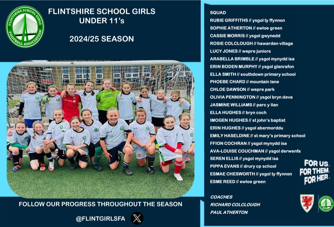 FlintGirlsFA's tweet image. Best of luck to our very special group of under 11s today as they head to aCardiff on a quest to become national champions after a successful season being champions of the North! Enjoy your day girls 👍