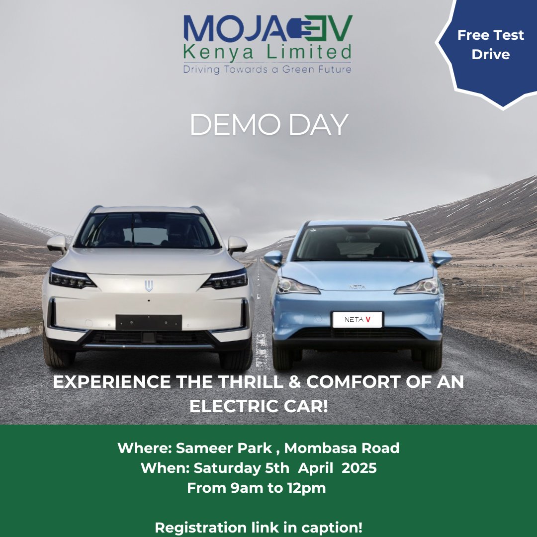 mojaevafrica's tweet photo. Experience the future of driving!
Join us this Saturday, April 5th, at Sameer Park, Mombasa Road for a FREE EV test drive!
Thrill & comfort of electric cars
Learn why EVs are the future
Register now: https://t.co/1jXIMZdl5Q
#MojaEV #Freetestdrive #gogreen #ElectricVehicles https://t.co/qPJISRXoRH