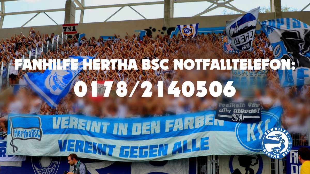 Fanhilfe Hertha BSC (@fanhilfe_hertha) on Twitter photo Sollten Polizei oder Ordner selbst heute Ärger machen, sind wir für euch erreichbar:
☎️ 0178/2140506
Zusammen mit der <a href="/Fanhilfe_KA/">Fanhilfe Karlsruhe</a> begleiten wir den Spieltag.
#BSCKSC #HaHoHe #HerthaundderKSC Sollten Polizei oder Ordner selbst heute Ärger machen, sind wir für euch erreichbar:
☎️ 0178/2140506
Zusammen mit der <a href="/Fanhilfe_KA/">Fanhilfe Karlsruhe</a> begleiten wir den Spieltag.
#BSCKSC #HaHoHe #HerthaundderKSC