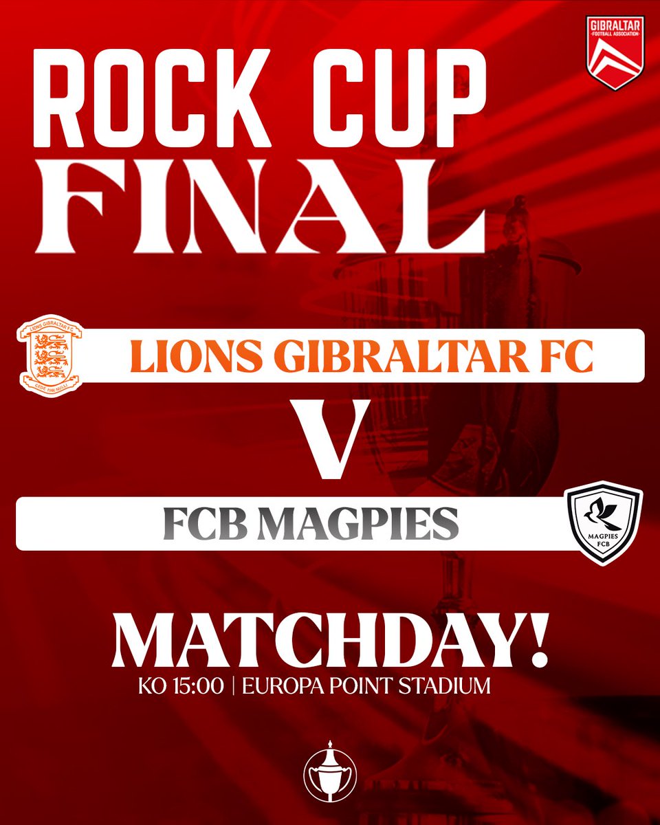Gibraltar FA (@gibraltarfa) on Twitter photo It's 2025 #RockCup Final Day! 🏆
🦁 <a href="/LionsGibFC/">Lions Gibraltar FC</a> v <a href="/BrunosMagpies/">FCB Magpies</a> 🐦⬛
🏟️ Europa Point Stadium
⏰ 3PM KO
🎟️ £5
💻 tickets.gibraltarfa.com It's 2025 #RockCup Final Day! 🏆
🦁 <a href="/LionsGibFC/">Lions Gibraltar FC</a> v <a href="/BrunosMagpies/">FCB Magpies</a> 🐦⬛
🏟️ Europa Point Stadium
⏰ 3PM KO
🎟️ £5
💻 tickets.gibraltarfa.com