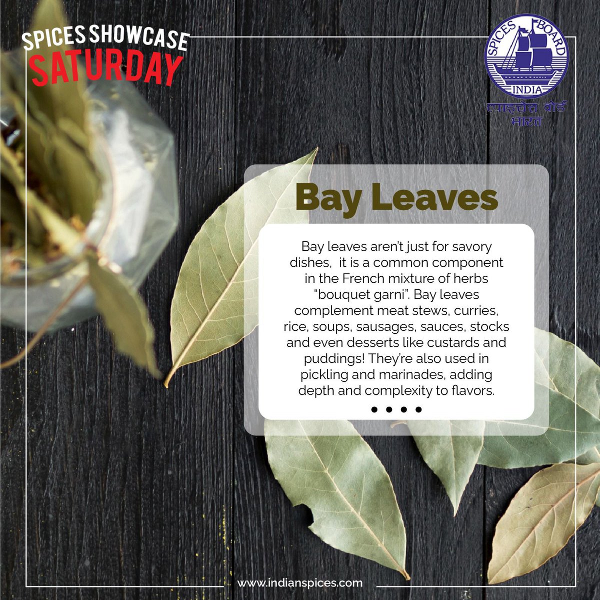 Spices_Board's tweet image. From hearty stews to delicate desserts, bay leaves are a hidden gem in the culinary world. Explore their versatility in your cooking!
#SpiceShowcaseSaturday #BayLeaf #SweetAndSavory #CookingWithSpices