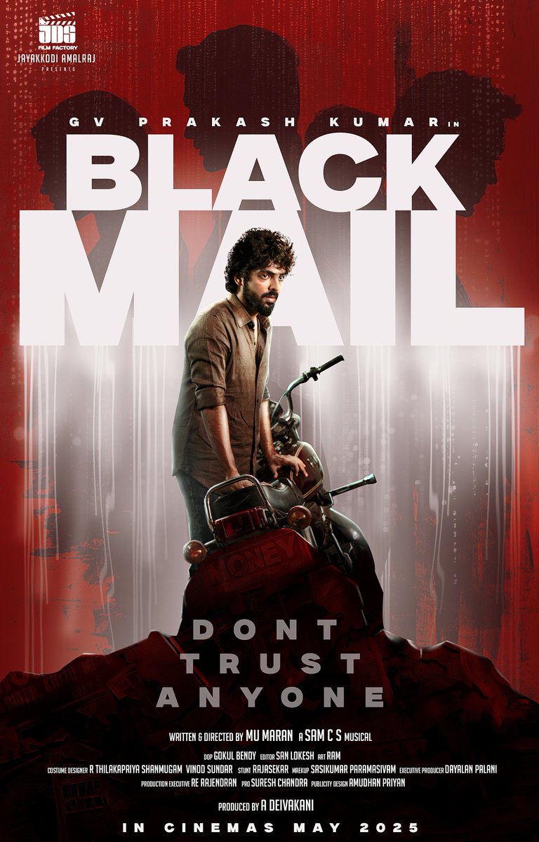 Happy to launch the first look poster of <a href="/jds_filmfactory/">JDS FILM FACTORY</a> First feature film, ‘BLACKMAIL’ directed by <a href="/mumaran1/">mu.maran</a>

#jdsfilmfactory #blackmailFirstLook 

<a href="/gvprakash/">G.V.Prakash Kumar</a> <a href="/teju_ashwini_/">Teju Ashwini</a> <a href="/Act_Srikanth/">Srikanth T</a> 
<a href="/thebindumadhavi/">Bindu Madhavi</a> <a href="/linga_offcl/">Linga</a> <a href="/thilak_ramesh/">Ramesh Thilak</a>
<a href="/linga_offcl/">Linga</a> <a href="/ActorMuthukumar/">Muthukumar</a>  <a href="/SamCSmusic/">𝐒𝐀𝐌 𝐂 𝐒</a>