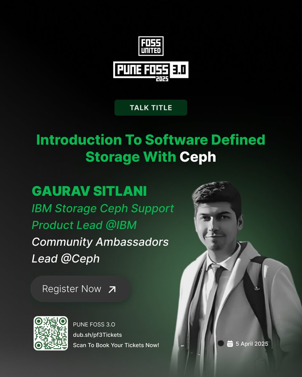 punefoss's tweet photo. 🚀 Software-Defined Storage with Ceph!

🎙️ Join Gaurav Sitlani (IBM, Ceph Ambassador) at Pune FOSS 3.0 to explore how Ceph became a highly scalable SDS solution.

📅 5th April 2025 
🎟️ Register now: https://t.co/IUJNDaIsqt https://t.co/Qy0pPuuNak