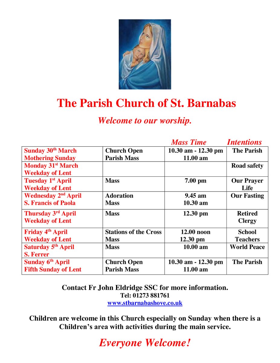 Here are the times for the church to be open for private prayer and Masses for the upcoming week.
#ChichesterDio #churchofengland #stbarnabas #hove #Sussex #ChiCathedral
