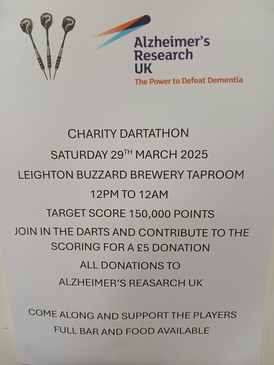 Leighton Buzzard Brewing Co (@lb_beer) on Twitter photo TODAY IS THE BIG DAY FOR OUR CHARITY DARTATHON.
Come along to the taproom and support us and help raise some funds for <a href="/AlzResearchUK/">Alzheimer's Research UK</a> .
We start at 12pm and we hope to hit our 150,000 point target
Donations can be made at
https//justgiving.com/page/leighton-buzzard-brewing-co TODAY IS THE BIG DAY FOR OUR CHARITY DARTATHON.
Come along to the taproom and support us and help raise some funds for <a href="/AlzResearchUK/">Alzheimer's Research UK</a> .
We start at 12pm and we hope to hit our 150,000 point target
Donations can be made at
https//justgiving.com/page/leighton-buzzard-brewing-co