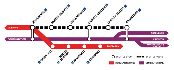 MBTA's tweet image. Red Line Reminder: Mar 29 - 30 (this weekend)

Shuttle Buses replace service between JFK/UMass and Braintree for signal upgrades.

@MBTA_CR will be fare-free between South Station &amp;amp; Braintree.