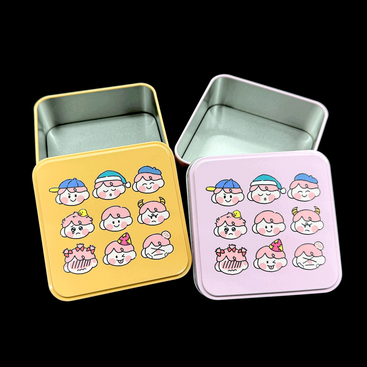 otaclub's tweet photo. 【新商品実装のお知らせ】本日～明日に、缶印刷の大幅な追加実装を行います。3ツイートを連投しますので、ご確認下さい！価格は従来品より全体的に安価に設定しています。商品名の横の価格は底値です。
１、キューブ缶　350円
２、キューブ缶ミニ　300円
３、スクエア缶　500円
４、スクエア缶ミニ　300円