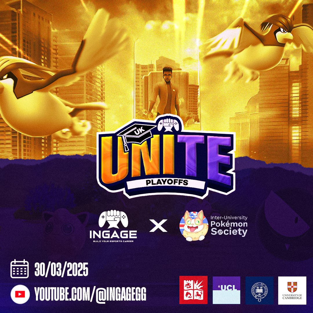 INGAGE By Z&CO (@ingagegg) on Twitter photo INGAGE is bringing you the first UK UNIte Play-Offs - Cambridge Uni, Oxford Uni, UCL and Bristol Uni bring you Collegiate Esports action for <a href="/PokemonUnite/">Pokémon UNITE</a> LIVE on our Youtube on the 30th March 2025.
🎥🚨STREAMED ON Youtube: 🚨🎥
Link in Comments
Our casters for today will be INGAGE is bringing you the first UK UNIte Play-Offs - Cambridge Uni, Oxford Uni, UCL and Bristol Uni bring you Collegiate Esports action for <a href="/PokemonUnite/">Pokémon UNITE</a> LIVE on our Youtube on the 30th March 2025.
🎥🚨STREAMED ON Youtube: 🚨🎥
Link in Comments
Our casters for today will be