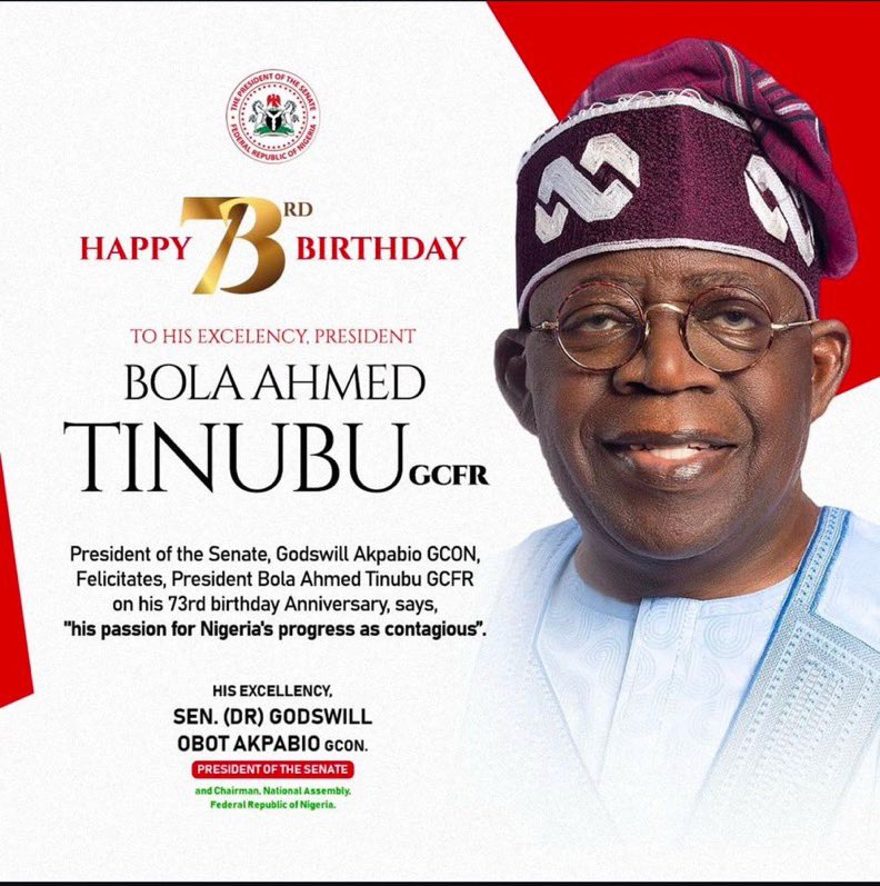 Queen Aminat (@thequeenaminat) on Twitter photo Distinguished Senator Godswill Obot Akpabio (<a href="/SPNigeria/">President of the Senate</a>) extends his heartfelt felicitations to President Bola Ahmed Tinubu on the occasion of his birthday. Distinguished Senator Godswill Obot Akpabio (<a href="/SPNigeria/">President of the Senate</a>) extends his heartfelt felicitations to President Bola Ahmed Tinubu on the occasion of his birthday.