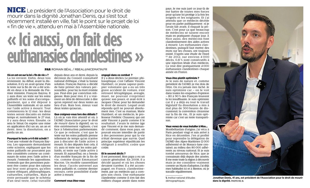 .<a href="/JonathanDenis/">Jonathan Denis</a> revient dans #NiceMatin sur nos engagements pour une loi #FindeVie libre et choisie.
Les débats reprennent à l’ <a href="/AssembleeNat/">Assemblée nationale</a> et nous serons vigilants pour que les demandes exprimées par les Français sur l’aide à mourir et les soins palliatifs soient respectées.