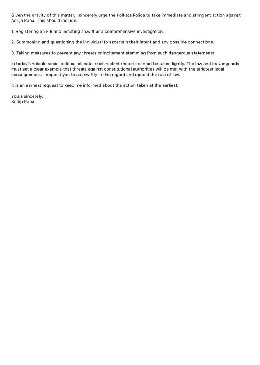 TMCP Vice President Shri <a href="/aitcsudip/">Sudip Raha</a> has filed a complaint with the Police Commissioner (<a href="/KolkataPolice/">Kolkata Police</a>) against Adrija Raha for her Facebook post wishing death upon Hon'ble Bengal CM <a href="/MamataOfficial/">Mamata Banerjee</a>. Legal action demanded over the offensive remarks.