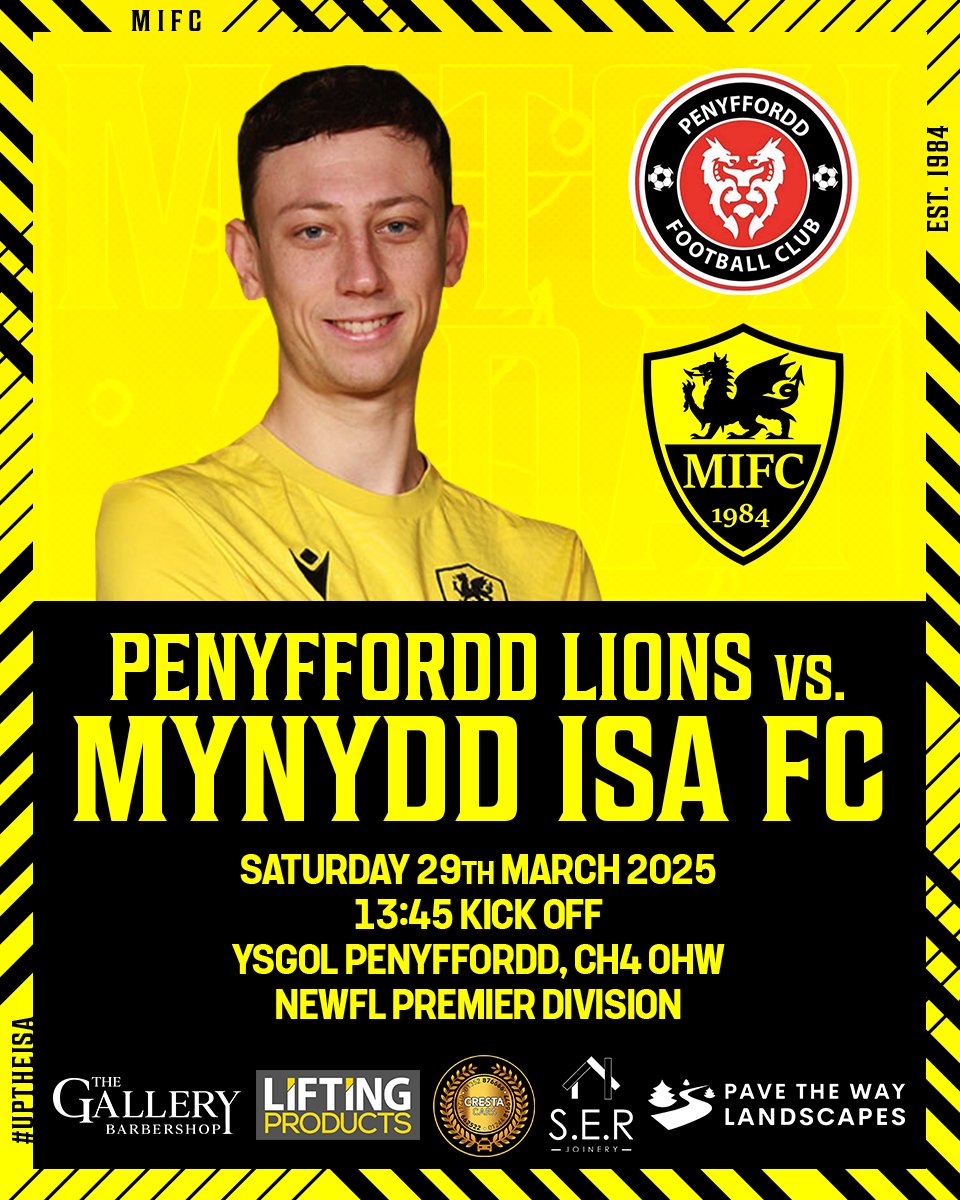 Mynydd Isa F(C) (@mynyddisafc) on Twitter photo FIRST TEAM ⚽
<a href="/penyfforddfc/">Penyffordd Football Club</a> vs. MIFC
📅 Saturday 29th March 2025
⏰ 13:45 kick off
🏟️ Ysgol Penyffordd, CH4 0HW
🏆 <a href="/NEWFAMensLeague/">North East Wales Football League</a> Premier Division
#uptheisa 🟡⚫ FIRST TEAM ⚽
<a href="/penyfforddfc/">Penyffordd Football Club</a> vs. MIFC
📅 Saturday 29th March 2025
⏰ 13:45 kick off
🏟️ Ysgol Penyffordd, CH4 0HW
🏆 <a href="/NEWFAMensLeague/">North East Wales Football League</a> Premier Division
#uptheisa 🟡⚫