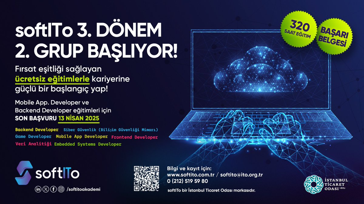 itokurumsal's tweet photo. SoftITo 3. Dönem 2. Grup Başlıyor!

SoftITo Yazılım-Bilişim Akademisi'nde sektörlerimize yazılımcı yetiştirmek için Mobile App. Developer ve Backend Developer eğitimleri ile devam ediyoruz.

📌ÜCRETSİZ Sınırlı Kontenjan
🗓️ Son Başvuru: 13 Nisan 2025

Kayıt İçin
👉https://t.co/0gqnN54okB

#İstanbulTicaretOdası
@softitoakademi