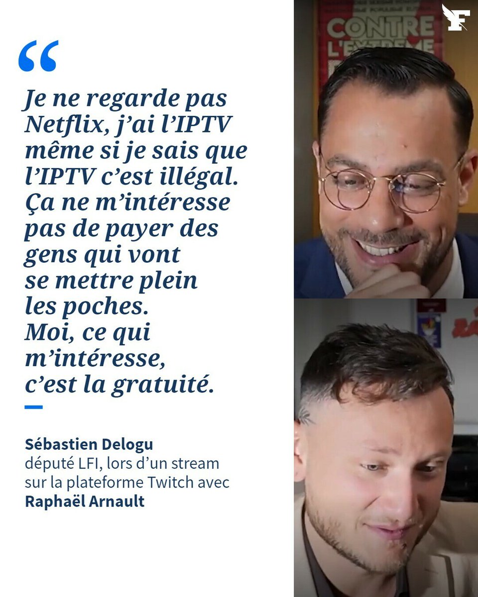 Le_Figaro's tweet image. Entre deux rires avec Raphaël Arnault, son allié de la France insoumise, le député des Bouches-du-Rhône Sébastien Delogu a expliqué avoir recours de manière «illégale» à l’IPTV. 
→ l.lefigaro.fr/u7p