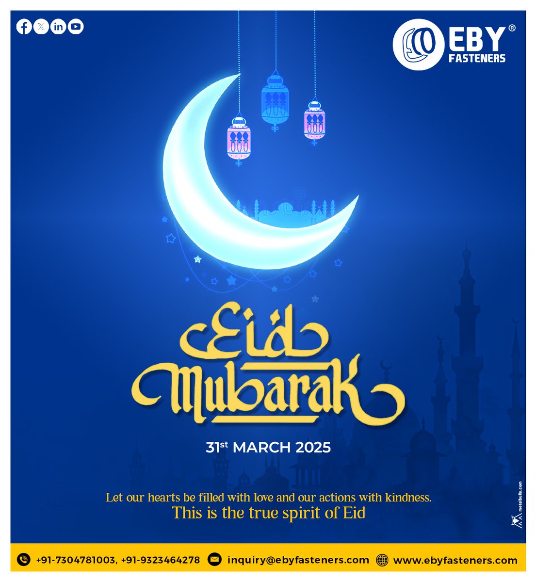 FastenersEby's tweet photo. EBY Fasteners wishes you and your loved ones peace, joy, and prosperity during Eid al-Fitr. Let's celebrate fresh starts together with courage and solidarity. Eid Mubarak!

Visit: https://t.co/pQeKGmLyOa

#EBYFasteners #EidMubarak #Eid2025 #EidAlFitr #IBR #EIL #Manufacturer https://t.co/7AagDo76Zo