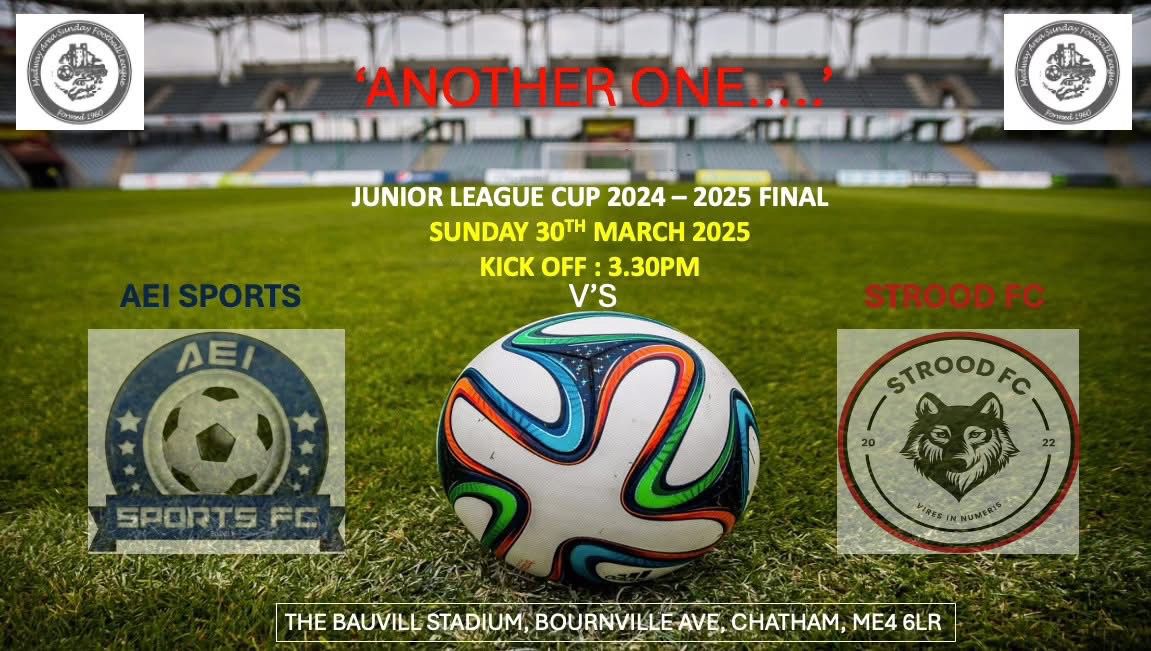 AEI Sports Sunday FC (@aeisportssunday) on Twitter photo 🏆🏆🏆 LEAGUE CUP FINAL 🏆🏆🏆
<a href="/AEISportsSunday/">AEI Sports Sunday FC</a> Vs. Strood FC
Sunday 30th March - 15.30pm KO
MAIDSTONE ROAD SPORTS GROUND
BOURNVILLE AVENUE, CHATHAM, ME4 6LR 🏆🏆🏆 LEAGUE CUP FINAL 🏆🏆🏆
<a href="/AEISportsSunday/">AEI Sports Sunday FC</a> Vs. Strood FC
Sunday 30th March - 15.30pm KO
MAIDSTONE ROAD SPORTS GROUND
BOURNVILLE AVENUE, CHATHAM, ME4 6LR