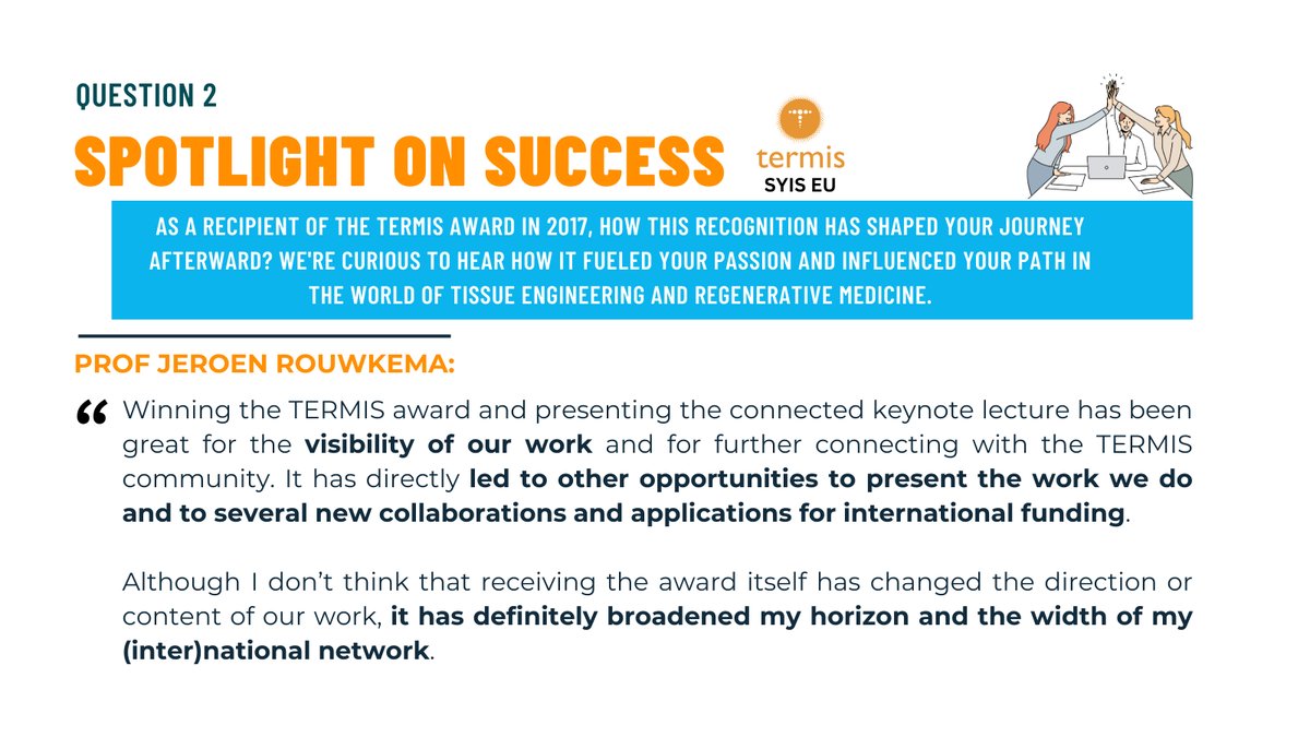 Let's keep it going with the interview to Prof <a href="/JeroenRouwkema/">Jeroen Rouwkema</a>, <a href="/EuTermis/">TERMIS-EU</a> Past Awardee!
🎙️Question No. 2: Spotlight on Success 💫
Stay tuned for Q&amp;A No. 3 tomorrow!📅