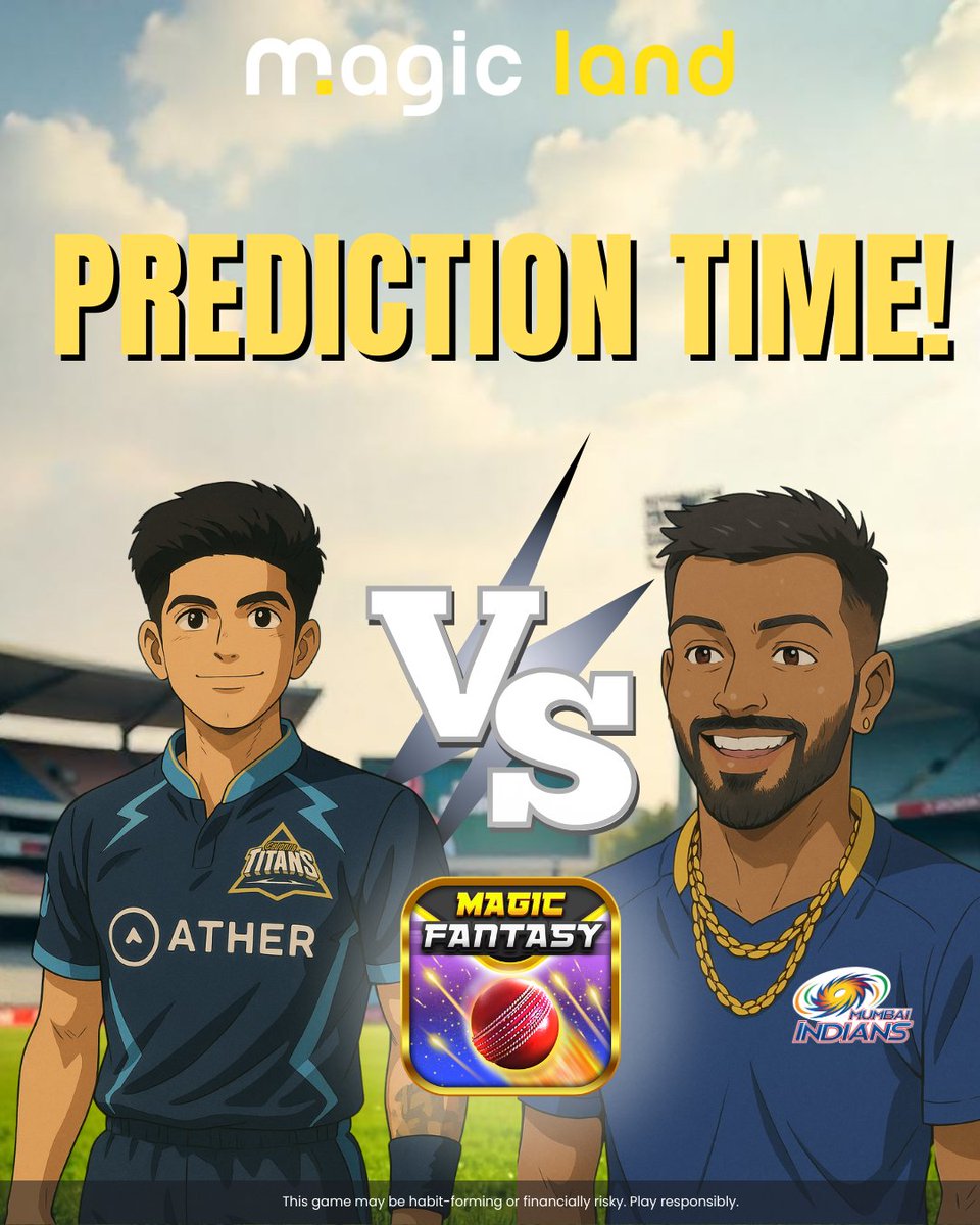 MagicLandGames's tweet photo. Tonight’s face-off: MI’s giants 🆚 GT’s warriors! ⚔️ Who’s stepping up as the match-winner? Drop your opinion!
#IPL2025 #TATAIPL #IndianPremierLeague #ViratKohli #MSDhoni #CSK #MI #IPL2025 #TATAIPL #IndianPremierLeague #IPLOpening #KKRvsRCB #ViratKohli #MIvsGT #MI #GT https://t.co/b9VtH7Rdx0