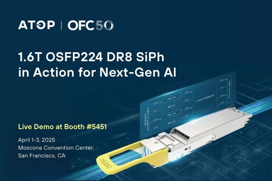 ATOPCorporation's tweet photo. #OFC2025 We’re proud to announce the first global real-device demonstration of our 1.6T OSFP224 DR8 silicon photonics transceiver at Booth #5451 — engineered for AI computing networks, hyperscale data centers, and HPC platforms.https://t.co/toKA6w32dB https://t.co/ktlvukFq2y