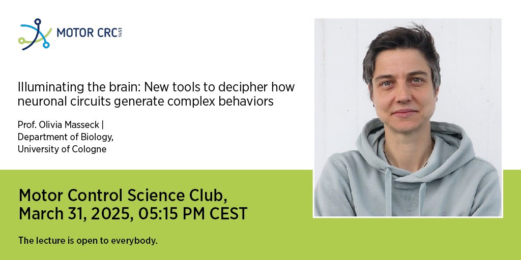 crc1451's tweet image. On Monday, March 31, 2025 at 5:15 pm/17:15, Prof. Olivia Masseck will give a talk in the #CRC1451 Motor Control Science Club on “Illuminating the brain: New tools to decipher how neuronal circuits generate complex behaviors”. 🧠
@UKKoeln
@Department of @Neurology
@CurioNeuro
