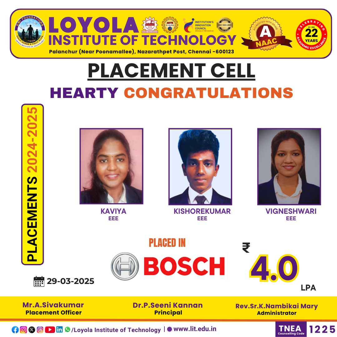 DMI_Loyola's tweet image. Hearty congratulations to our students for placed in BOSCH.

#placementdrive #placementcell #loyolainstituteoftechnology #dmiloyolaofficial