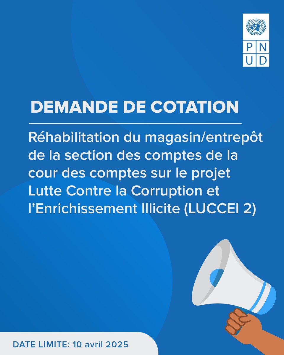 Demande de cotation pour la réhabilitation du magasin/entrepôt de la section des comptes de la cour des comptes sur le projet Lutte Contre la Corruption et l’Enrichissement Illicite (LUCCEI 2).
Date limite 📅 : 10 avril 2025
Postulez ici 👉: procurement-notices.undp.org/view_negotiati…