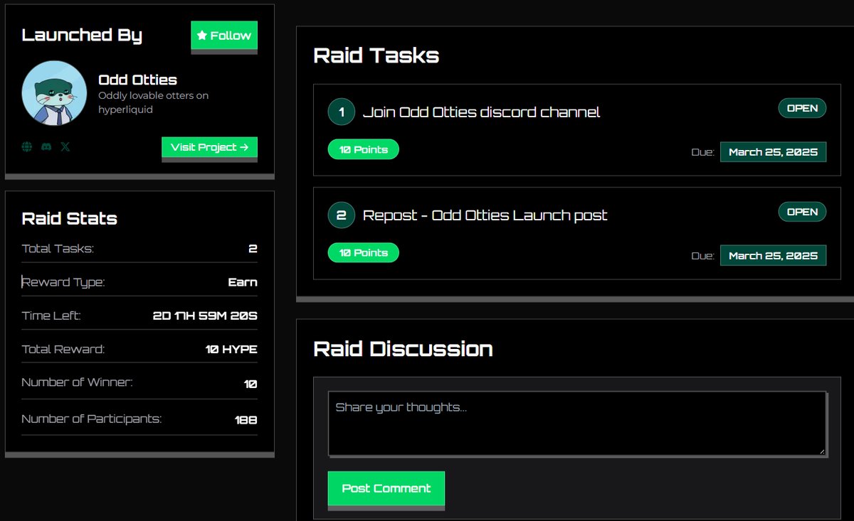 SecretoDefi's tweet photo. ATENCIÓN 📢

Si estás activo por el ecosistema HyperEVM, te interesa empezar a utilizar el Layer3 de Hyperliquid ‼️

Han creado esta nueva dApp > hyperraid

Que nos sirve para hacer tareas en diferentes protocolos a cambio de rewards que pueden ser:

🔸Whitelists spots para mintear colecciones NFTs
🔸Roles de Discord (OGs, boosters...)
🔸Tokens $HYPE

Si, has leído bien, a cambio de tareas TOTALMENTE GRATUITAS puedes conseguir tokens 🪂

Imagino que te interesa probarlo, además tiene sistema de puntos así que ya sabes...

Lo primero que hay que hacer es registrarse:

🔗 https://t.co/g7uvorLj6B

Una vez dentro, buscamos la tarea que reparte tokens que en este caso es > Odd Otties

Al clicar en ella entrarás en la campaña oficial dónde podrás ver en que consiste y las tareas que son

En este caso nos explican que el minteo oficial será el 31 de Marzo y que van a repartir 1 HYPE a 10 personas que completen el evento

Y te pensarás que es difícil hacerlo, pues no, tareas TOTALMENTE GRATUITAS (unirse a Discord + RT en X) y con poca competencia (188 personas = probabilidad del 5% de que te toquen 15$)

Tenéis hasta el 25 de Marzo para completarlo, por 2 minutos vale la pena intentarlo

¡Eso es todo!

¿Lo conocíais? 🤔

Por cierto, esto acaba de empezar, cada tarea suele dar 10 puntos y hay 4 campañas para completar > 100 puntos para reclamar

Top 50 en un momento