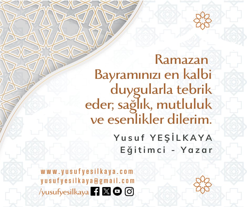 Bayramınızı en kalbi duygularımla tebrik eder; sağlık, mutluluk ve esenlikler dilerim.
#YusufYeşilkaya #RamazanBayramı
