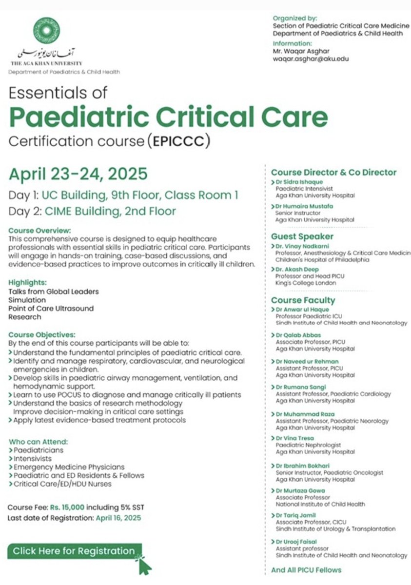 Naveed-ur-Rehman Siddiqui MBBS FCCM (@drnrsvd) on Twitter photo 🚨 Ready to LEVEL UP your #PediatricCriticalCare skills?
Join global experts at EPICCC 2025 – April 23–24 at <a href="/AKUGlobal/">Aga Khan University</a> <a href="/AKUPaediatrics/">AKU Paediatrics</a>!
🩺 Hands-on training
🧠 POCUS + Simulation
🌍 Global speakers
📚 Evidence-based care
🎯 Register Now docs.google.com/forms/d/e/1FAI…
#PedsICU #POCUS 🚨 Ready to LEVEL UP your #PediatricCriticalCare skills?
Join global experts at EPICCC 2025 – April 23–24 at <a href="/AKUGlobal/">Aga Khan University</a> <a href="/AKUPaediatrics/">AKU Paediatrics</a>!
🩺 Hands-on training
🧠 POCUS + Simulation
🌍 Global speakers
📚 Evidence-based care
🎯 Register Now docs.google.com/forms/d/e/1FAI…
#PedsICU #POCUS