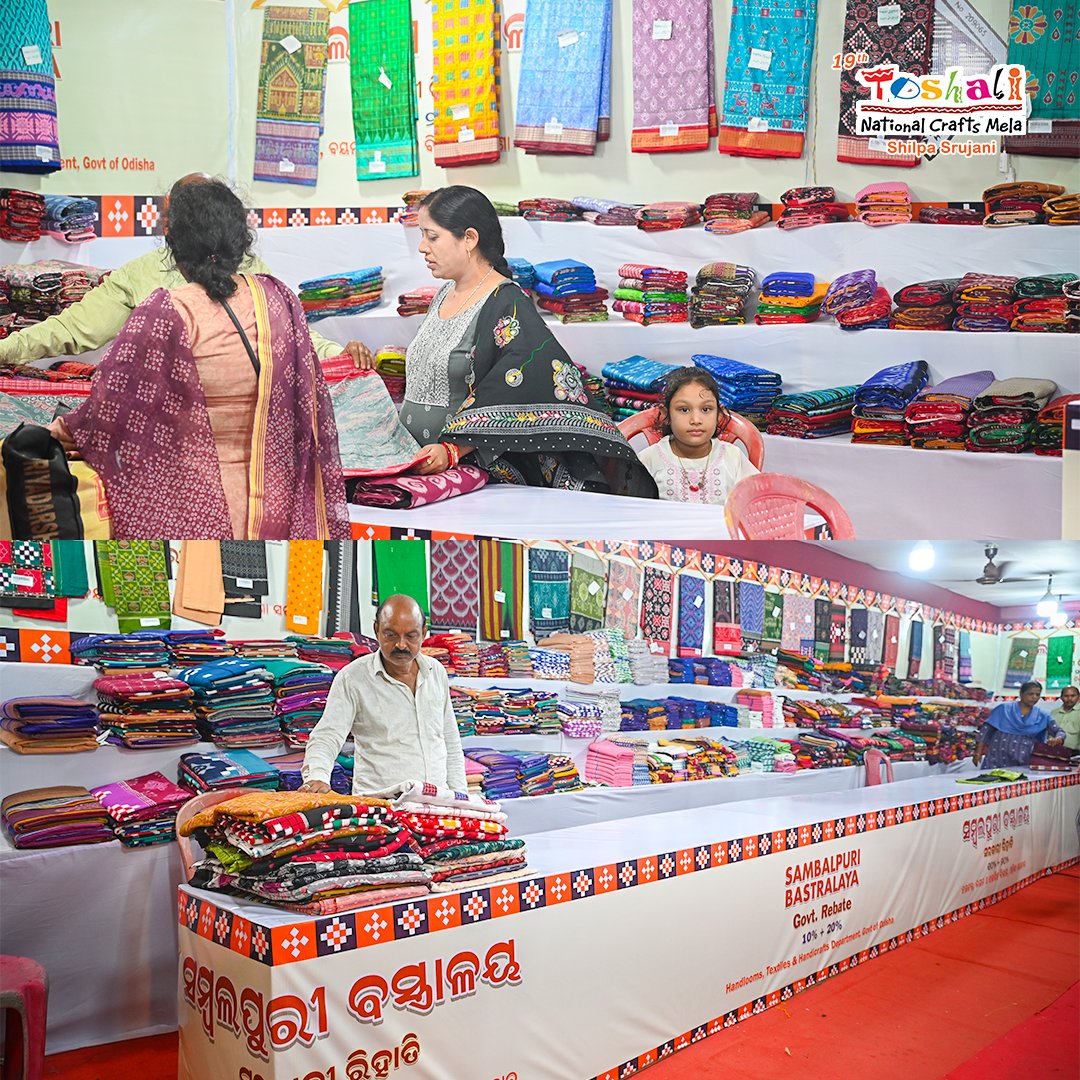 HTH_Odisha's tweet photo. Experience the rich heritage of #Odisha’s weaving tradition at the Sambalpuri Bastralaya stall at 19th #ToshaliNationalCraftsMela. From classic Sambalpuri sarees to intricate ikat designs, dress materials, dupattas, etc, discover handcrafted tradition blended with innovation. Do visit!

📍 Janata Maidan, Bhubaneswar
🕚 3 PM - 10 PM
🗓️ Until 31st March 2025