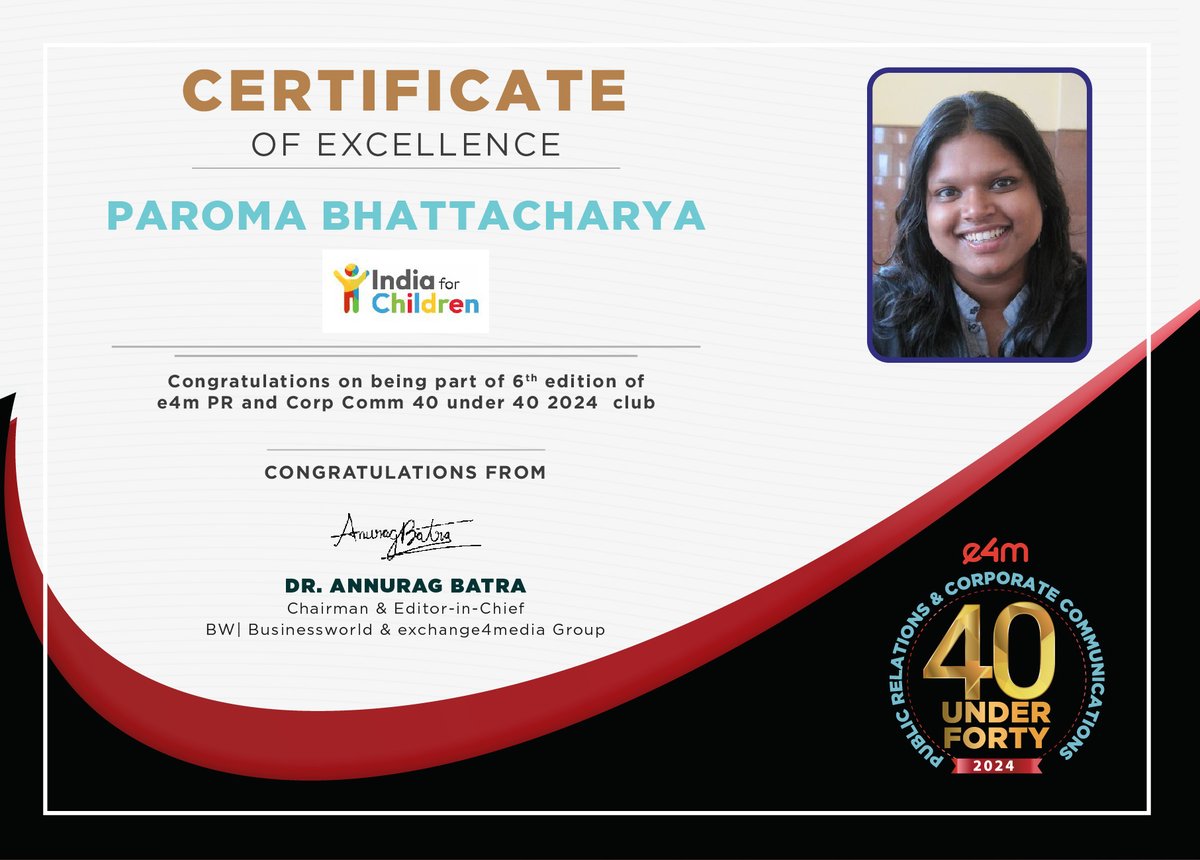 Our heartiest congratulations to <a href="/Paromaaa/">paroma bhattacharya</a>  from <a href="/India4children/">India For Children</a>  for winning the e4m PR and Corp Comm 40 Under 40 Awards 2024

<a href="/anuragbatrayo/">Anurag Batra</a> | <a href="/nawalahuja/">Nawal Ahuja</a> | <a href="/karanbhatias/">Karan Bhatia</a>

#e4mpr40under40 #e4mevents #PRandCorpComm #e4mprawards