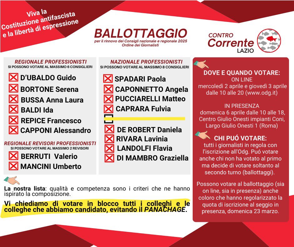 Controcorr's tweet image. 🔴VIVA LA COSTITUZIONE ANTIFASCISTA E LA LIBERTÀ D’ESPRESSIONE: ECCO I NOSTRI CANDIDATI E CANDIDATE PER LE ELEZIONI DEL 2 E 3 APRILE (ON LINE) E DEL 6 APRILE IN PRESENZA (ROMA, LARGO GIULIO ONESTI 1, CENTRO CONI GIULIO ONESTI)