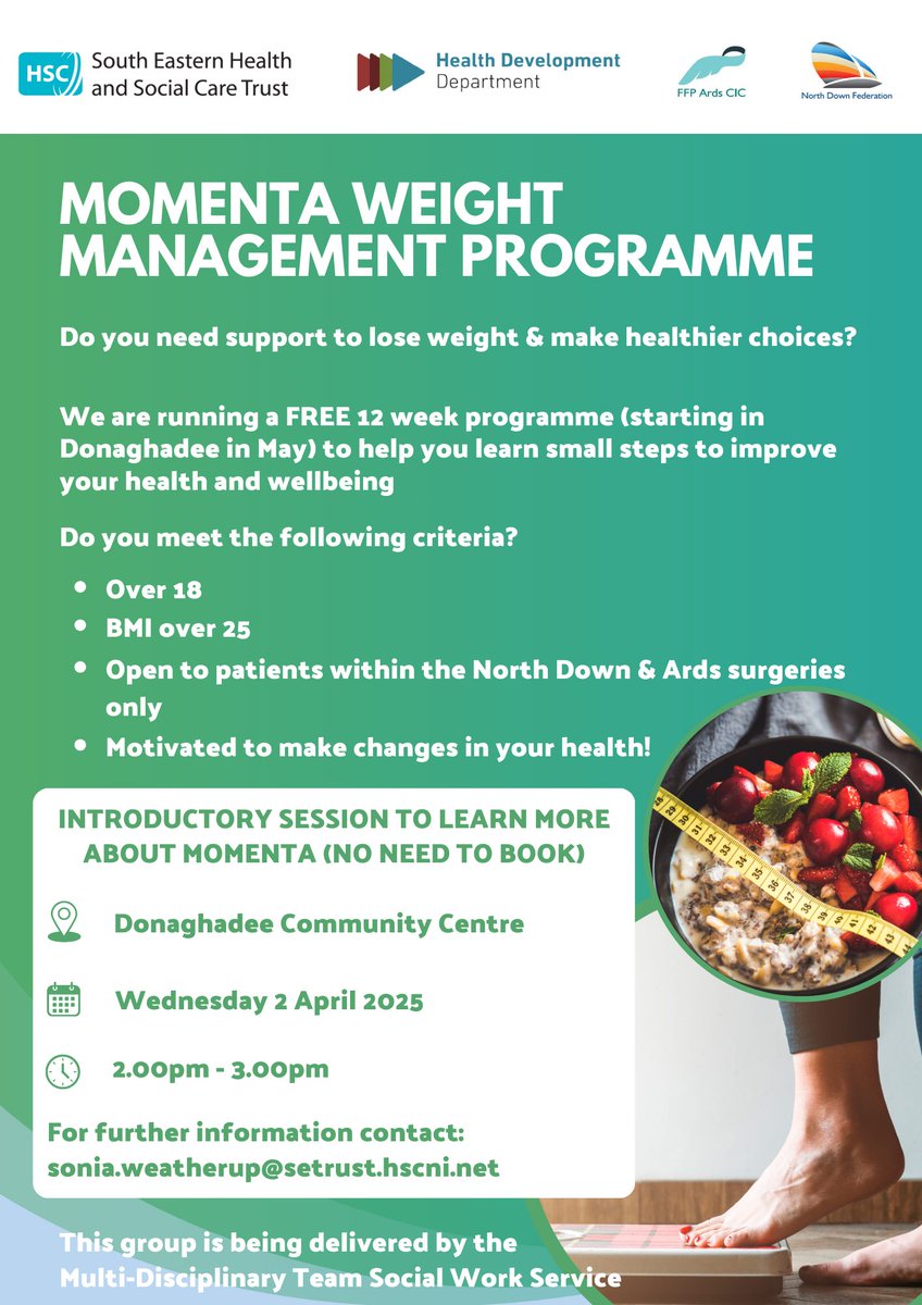 Looking for support to lose weight &amp; make healthier choices? 🥗 🍓

Join the FREE Momenta Weight Management Programme ⭐

No need to book! Learn how this free 12-week course can help you achieve your health goals 💪

📍 Donaghadee Community Centre
📅 2 April
🕐 2pm-3pm