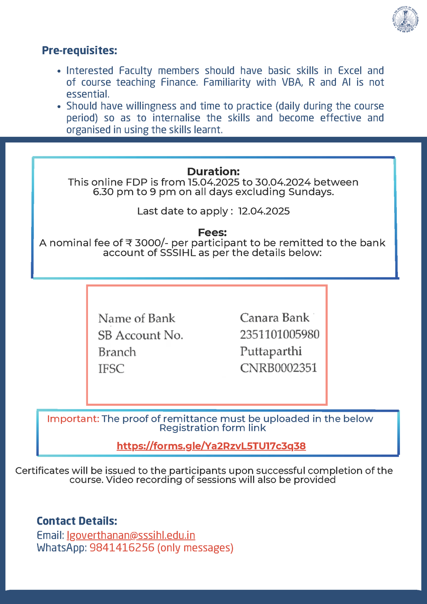SSSIHL's tweet image. Join our online #FDP on #FinancialModeling using Excel VBA, R, and AI Tools. Register by 12 April 2025! Learn from experts & transform your teaching:
forms.gle/Ya2RzvL5TU17c3…
For more: sssihl.edu.in/dmc-fdp-financ…