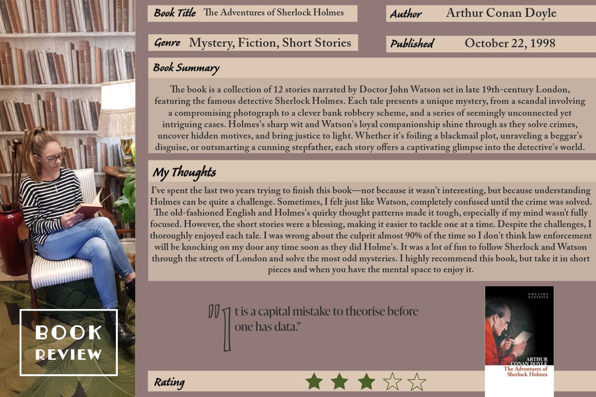 Kriste Alberts (@kriste70072820) on Twitter photo Think you can outwit Sherlock Holmes? 📚🕵️♂️ If you love clever twists, classic vibes, and bookish banter—you’ll want to read this blog. Tap the link, detective. 🔍
blogbykriste.wordpress.com/2024/05/28/ele…
#SherlockHolmes #BookReview #MysteryLovers  #NowReading #LiteraryAdventure Think you can outwit Sherlock Holmes? 📚🕵️♂️ If you love clever twists, classic vibes, and bookish banter—you’ll want to read this blog. Tap the link, detective. 🔍
blogbykriste.wordpress.com/2024/05/28/ele…
#SherlockHolmes #BookReview #MysteryLovers  #NowReading #LiteraryAdventure