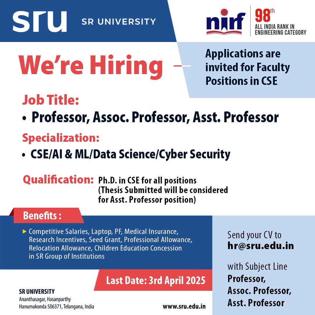 JSripelli's tweet photo. 🚀 We're Hiring at SR University! ����

Join our dynamic team as a Professor, Associate Professor, or Assistant Professor in CSE/AI &amp; ML, Data Science, or Cyber Security. 📚#SRUniversity #FacultyRecruitment #CSE #AI #DataScience #CyberSecurity #FacultyPositions #JoinOurTeam https://t.co/OkZsnJzh5X