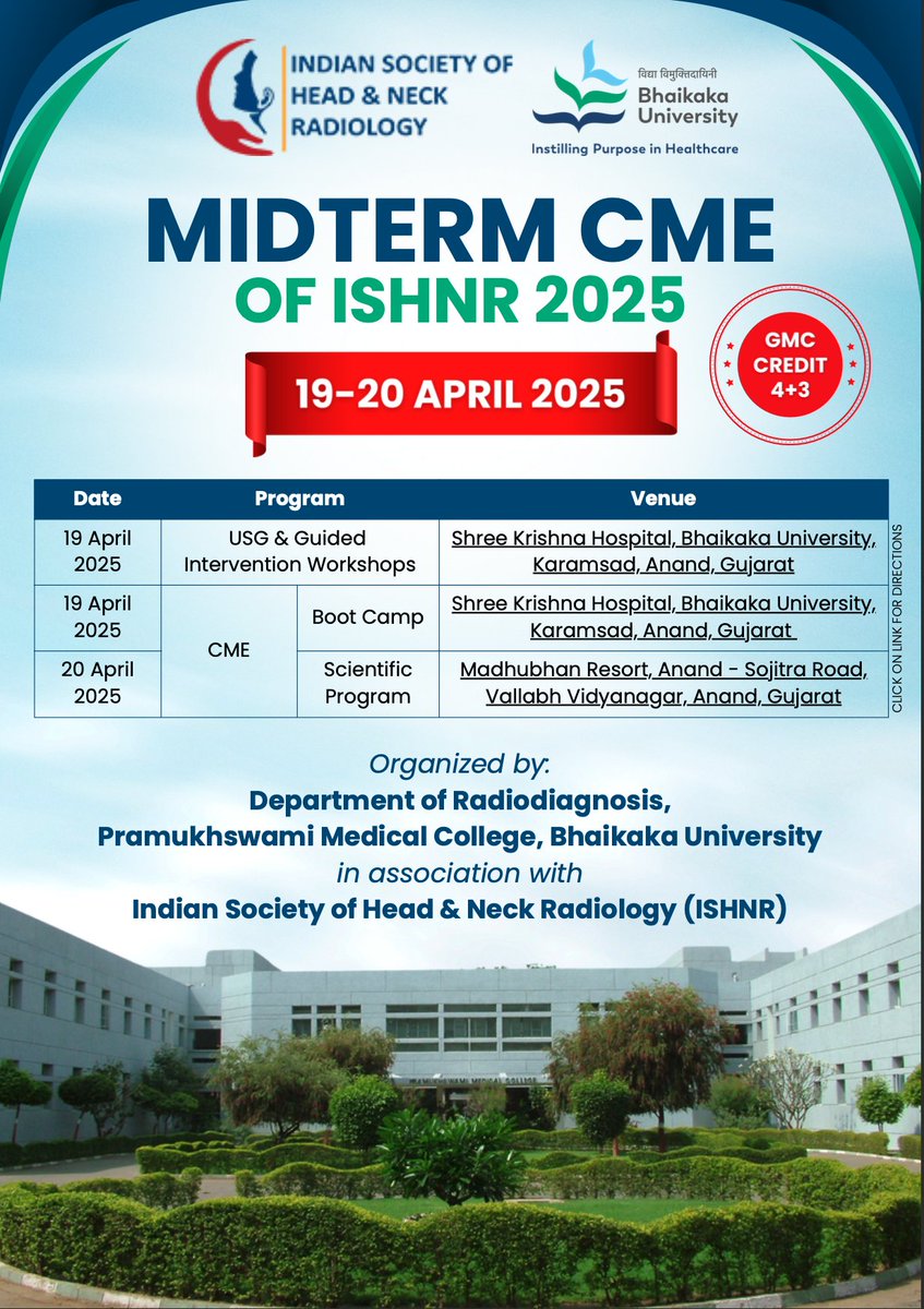 🎯 MIDTERM CME OF ISHNR 2025

📅 April 19th &amp; 20th, 2025
📍 Shree Krishna Hospital &amp; Madhubhan Resort, Anand, Gujarat

✨ Highlights:
🔬 Hands-on workshops
🎯 Boot camp on cross-sectional imaging

🎓 GMC Credit: 4+3
📄 Brochure: ishnr.com/wp-content/upl…