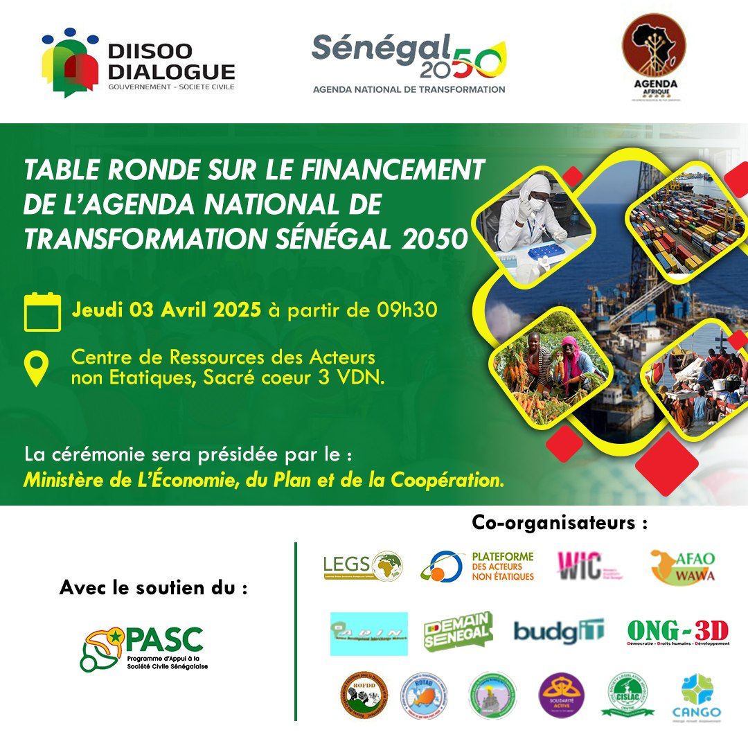 Legs-Africa (@legs_africa) on Twitter photo <a href="/Legs_Africa/">Legs-Africa</a> vous invite à participer à la table ronde sur "le financement de l'agenda national de transformation #Sénégal2050". Cette rencontre se tiendra ce jeudi 03 avril, à 09h30, au centre de Ressources des Acteurs non Étatiques.#Redevabilitéactive
#transparence
#finances <a href="/Legs_Africa/">Legs-Africa</a> vous invite à participer à la table ronde sur "le financement de l'agenda national de transformation #Sénégal2050". Cette rencontre se tiendra ce jeudi 03 avril, à 09h30, au centre de Ressources des Acteurs non Étatiques.#Redevabilitéactive
#transparence
#finances