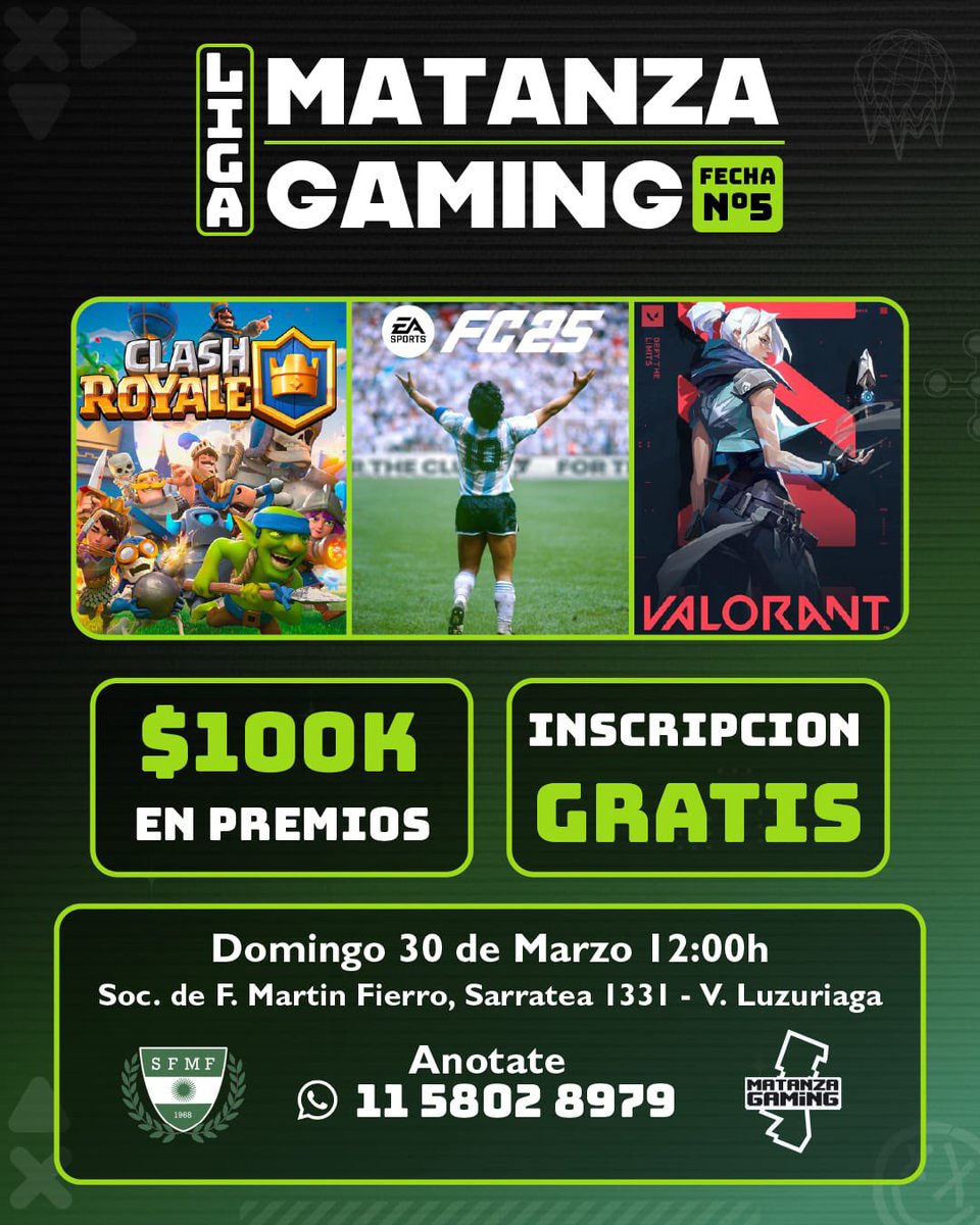 📍FECHA # 5

🏆 MATANZA GAMING

📅 DOMINGO 30/03

⏰ 12:00hs

Los esperoo, son todos bienvenidos!!🙌🏻🔥💜