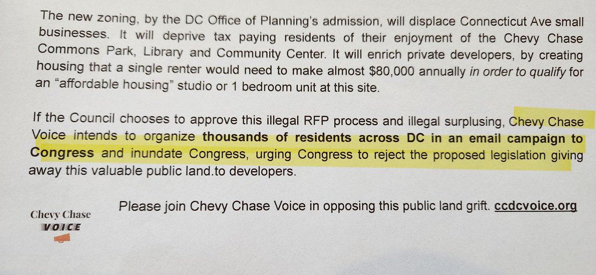 Here a little late but developers are giving presentations and will do our best to live tweet. Follow along 👇 

One shocking thing to point out immediately is that Chevy Chase Voice, a group opposing any housing here, is happy to sacrifice homerule to get what they want.