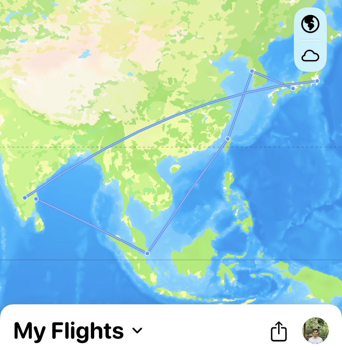 iSiddharthRaman's tweet image. Happiness is having a look at the map before the trip. 🌏
What’s even more impressive is, was able to grab 4 award seats in the front cabin across Singapore, Asiana and Japan Airlines on all routes (except the shortest sector).