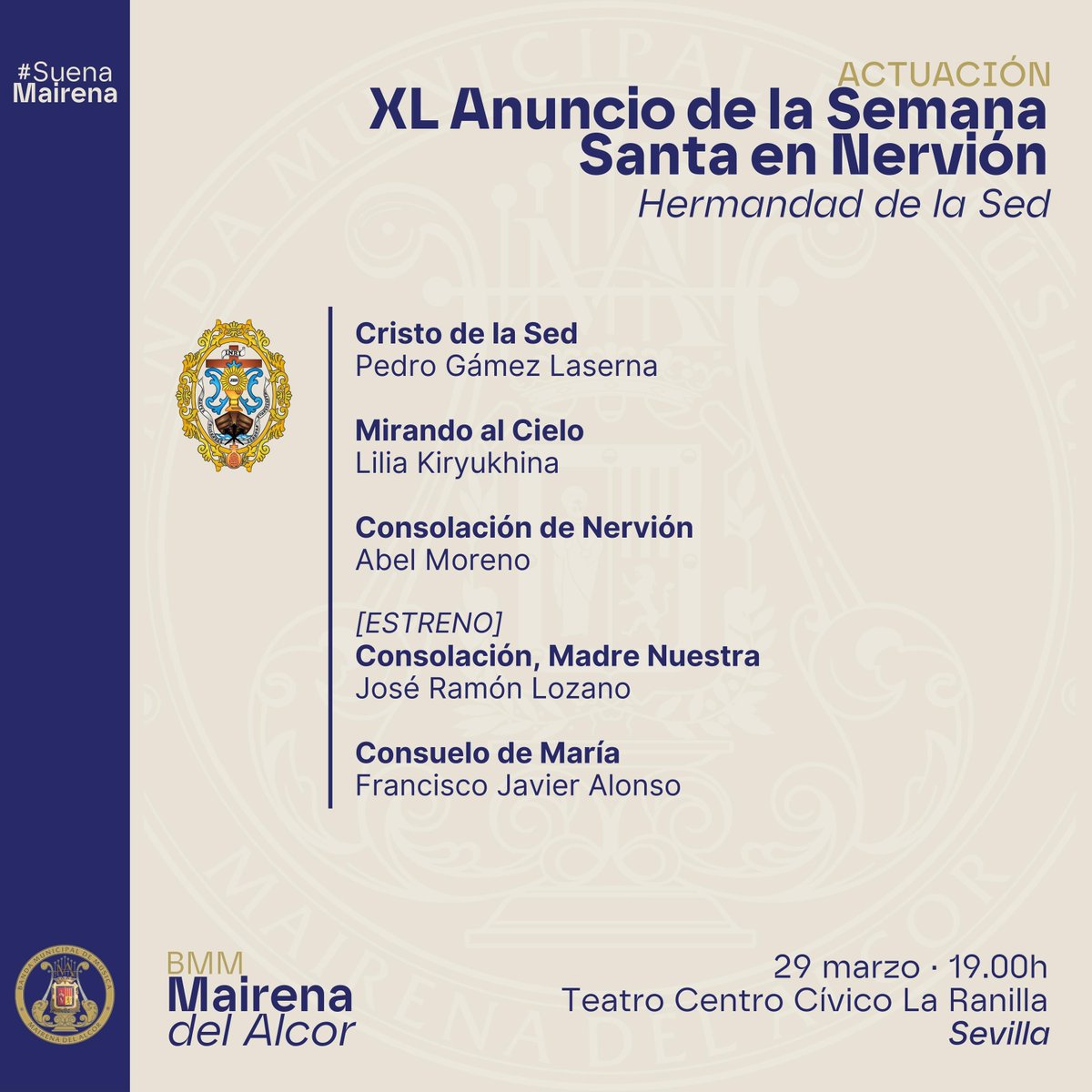 🗓️ ¡Hoy se anuncia la Semana Santa en Nervión!

Volvemos a nuestra casa para acompañar a nuestra querida <a href="/hermandadsed/">Hermandad de Nervión</a> en los preludios de la Semana Mayor con el estreno de Consolación, Madre nuestra de J. Ramón Lozano.

📍 C.C. La Ranilla
⌚️ 19:00

📲 #𝗦𝘂𝗲𝗻𝗮𝗠𝗮𝗶𝗿𝗲𝗻𝗮