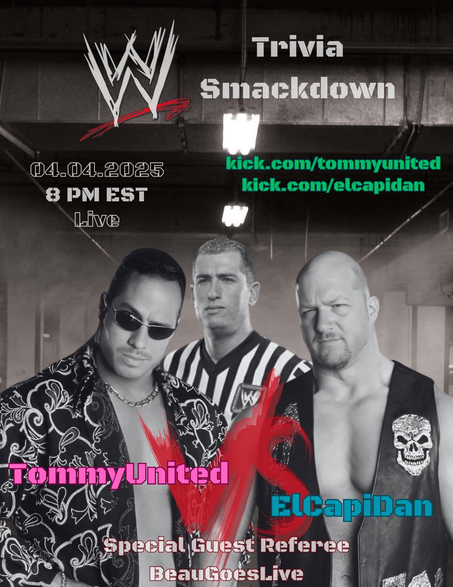 Friday 4.4.25 at 8pm est, the Pennsylvania Rattlesnake ElCapiDan takes on THE GREAT ONE <a href="/tommyunited/">tommyunited</a> in a no-holds-barred WWE trivia Smackdown! <a href="/BeauGoesLive/">Beau</a> dons the stripes as the special guest referee.  I'm bout to stomp a mudhole in this handsome son bitch.  And that's the
