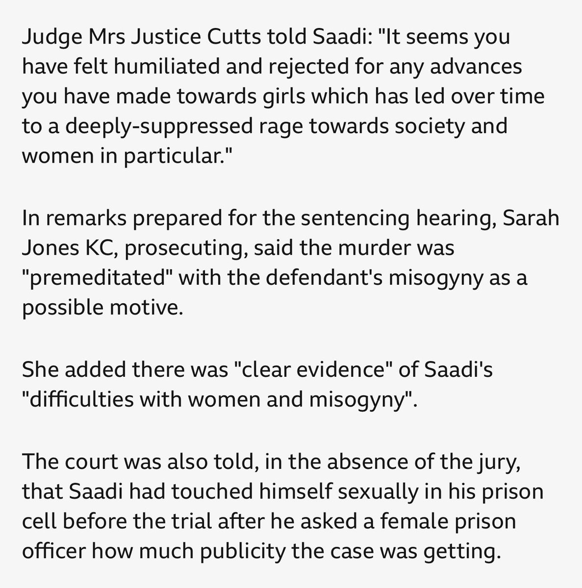 A woman is dead. Another nearly murdered because a man “felt humiliated and rejected.”
Then he was aroused in his cell after asking a female officer about the case’s publicity.
Women aren’t murdered because men are sad and isolated.
We’re murdered because men think they own us.