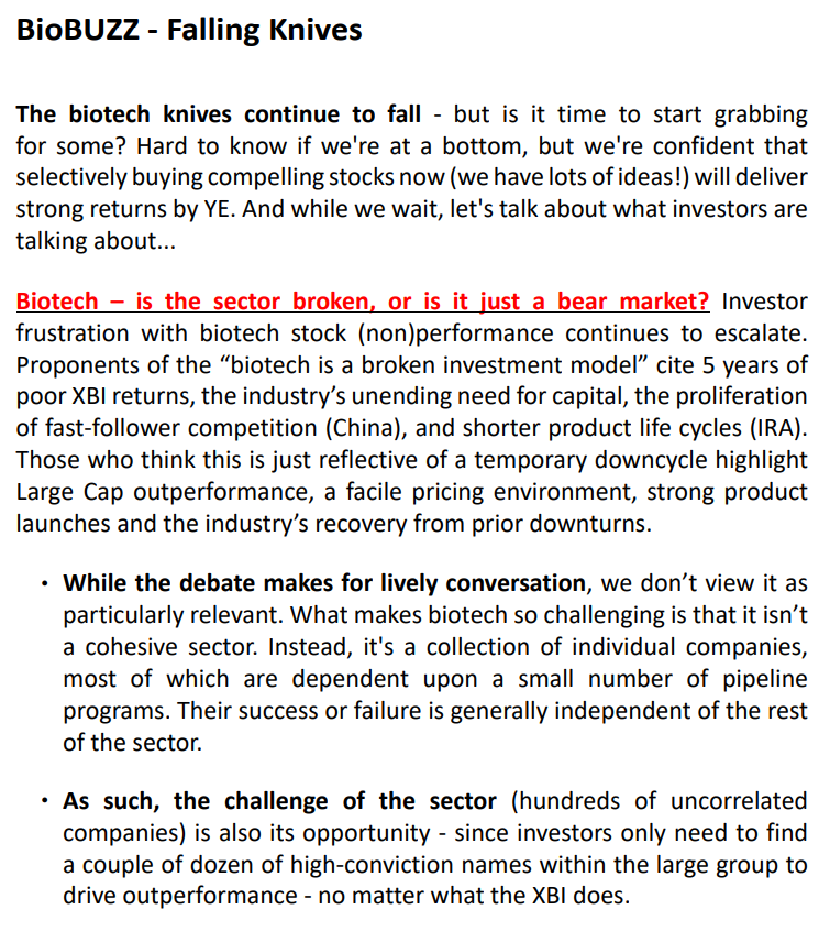 From Cantor: Biotech – is the sector broken, or is it just a bear market? or is it both?