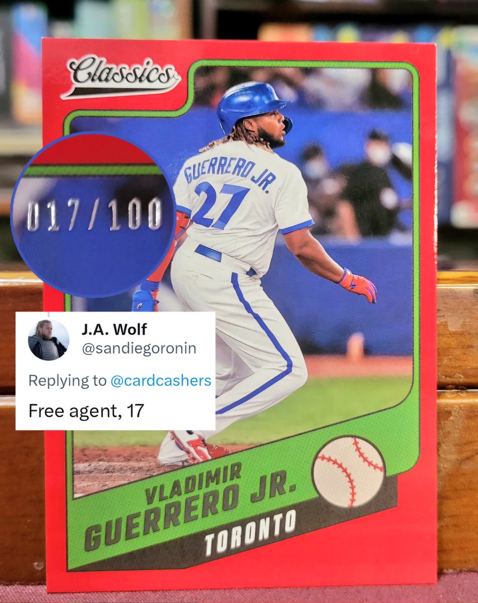 🎉We have a winner for the Vlad Guerrero Jr. card numbered/100 it's 

<a href="/sandiegoronin/">J.A. Wolf</a> 🥳

🧢He was the first to guess 17. Please join me in congratulating him! A big thank you to everyone who entered🙏