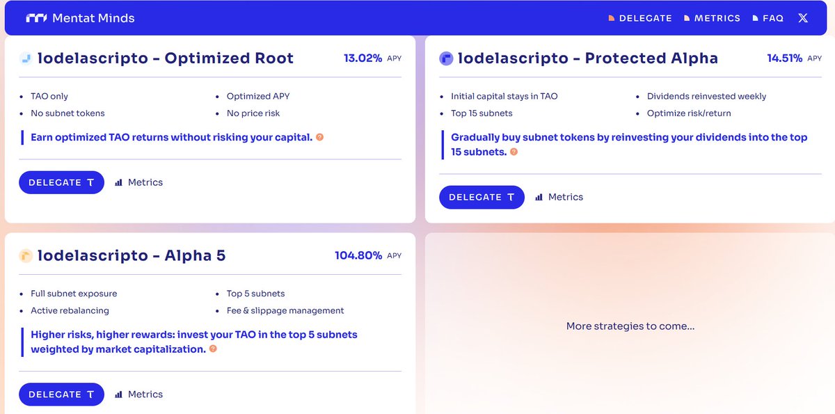 Hasta un 105% en por stakear $TAO se puede conseguir y sin necesidad ni de sacar los fondos de tu wallet ni de bloquear el dinero. En cualquier momento puedes sacar tus tokens de ahí. Cómo funciona esto? 
mentatminds.com/delegate/?orig…