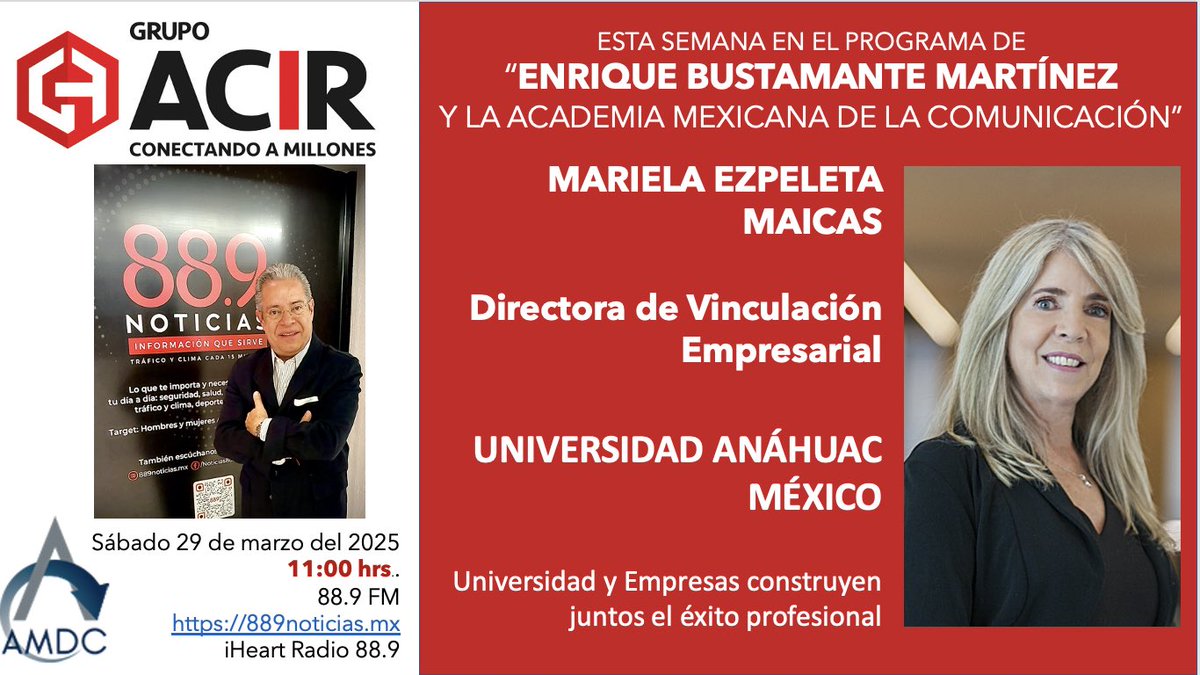 EnriqueB01's tweet photo. Hoy en #MiProgramaDeRadio de la Academia Mexicana de la Comunicación, @EzpeletaM Dir de Vinculación Empresarial @anahuac
La Cápsula de “Inteligencia Artificial Generativa” (IA), @jhidalgo
11:00 hrs. 88.9 FM o https://t.co/SWkiBOniPW iHeart Radio 889 #Extrategia #AnahuacMexico https://t.co/TrxOKbho5C